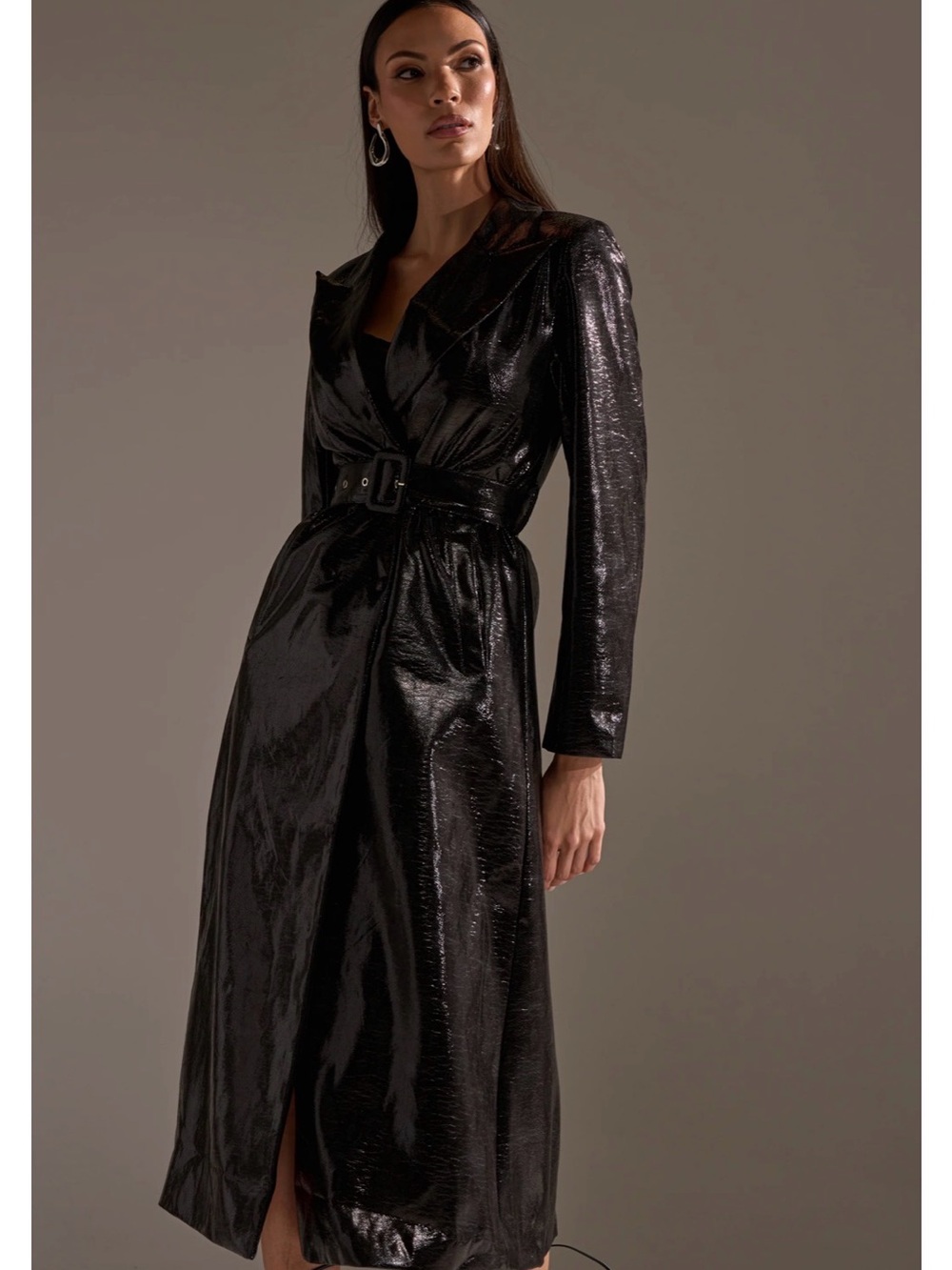AKIRA Glossy Black Faux-Leather Trench with Belted Waist